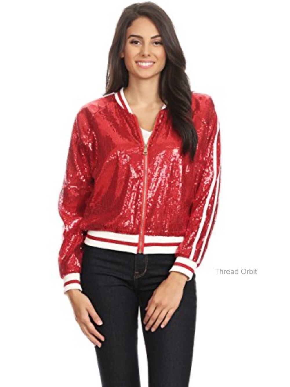 Womens Long Sleeve Front Zip Track Stripe Sequin Bomber Jacket